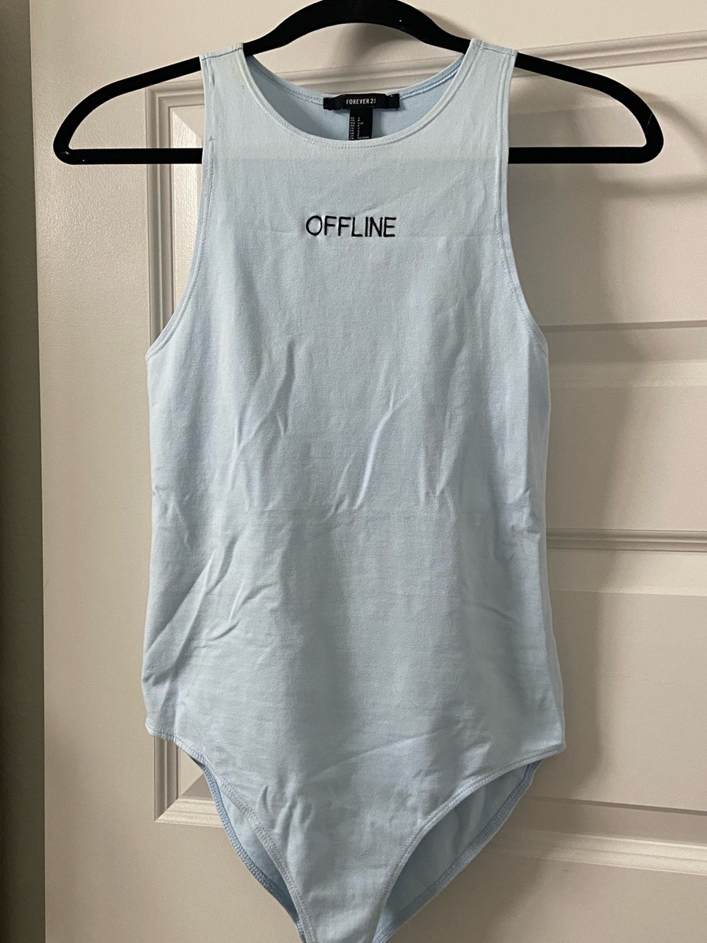 Forever 21 Light Blue Ribbed 'OFFLINE' Sleeveless Bodysuit